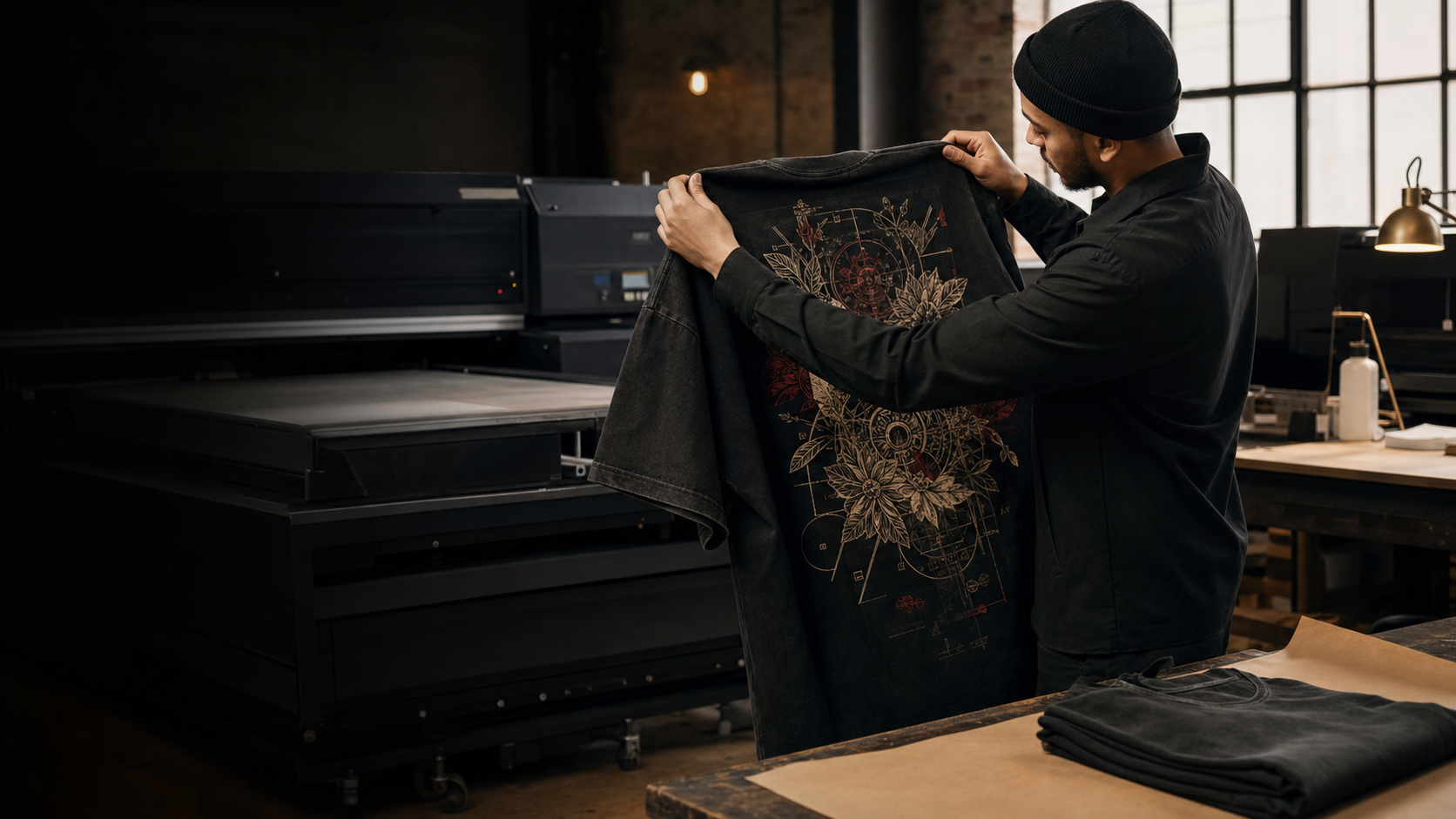 Dallas Print House team member inspecting a printed garment