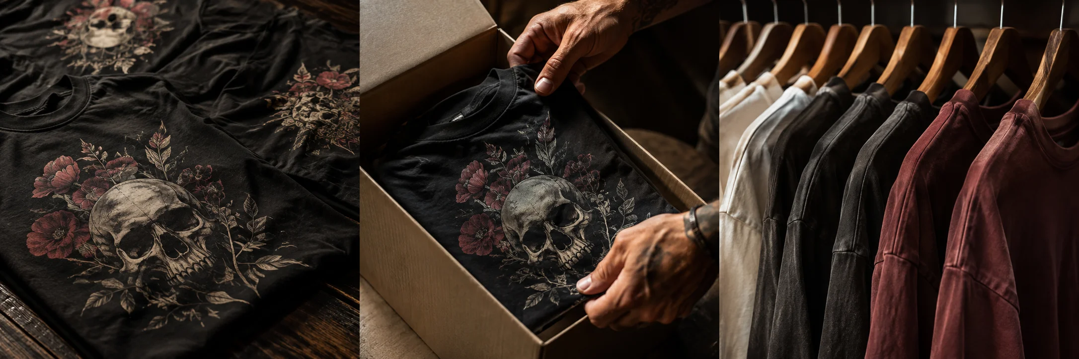 Detailed botanical artwork printed on black cotton garments